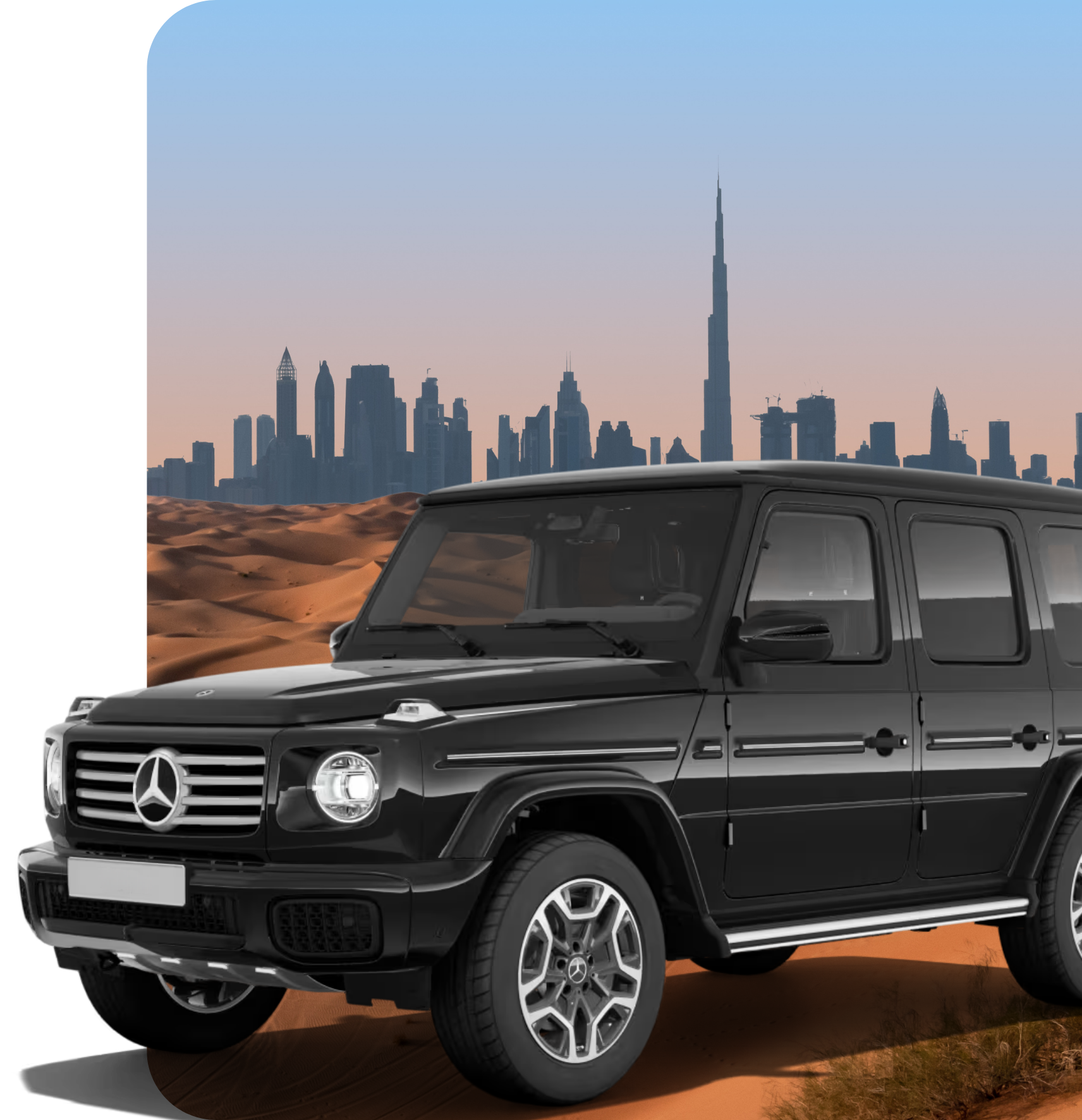 A black SUV is parked on a sandy terrain with a city skyline and a prominent tall building in the background under a clear blue sky.