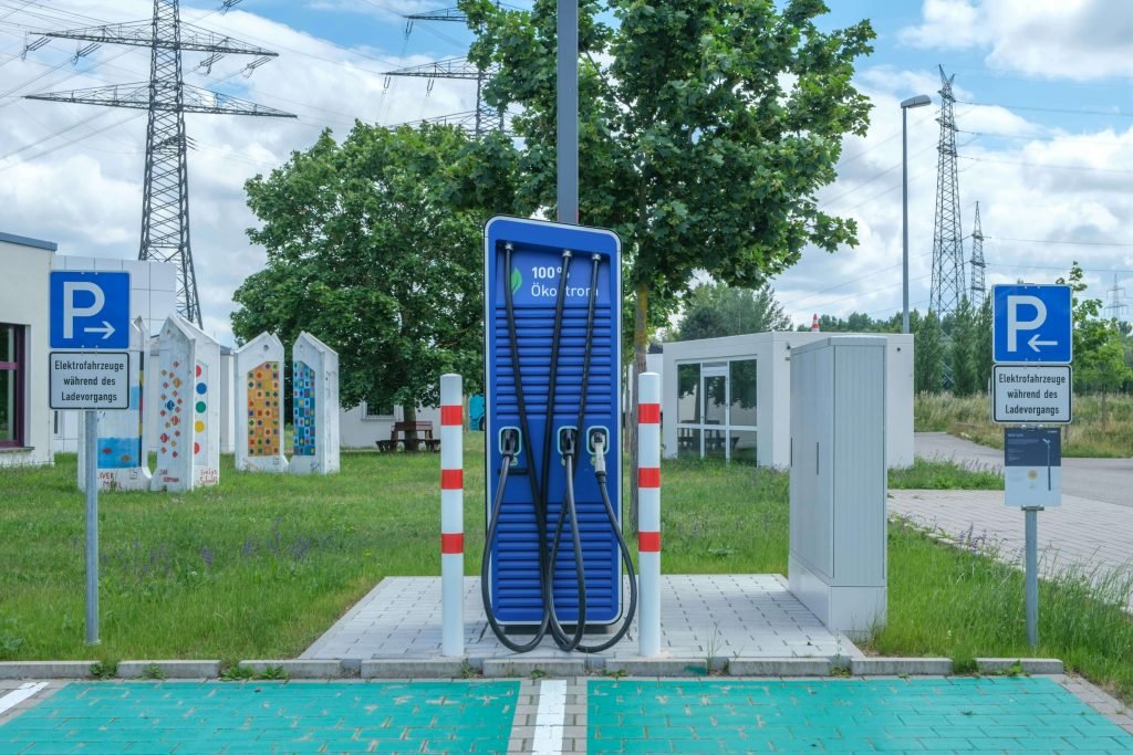 Electric vehicle charging station with two cables on a grassy area, surrounded by parking signs. Clear sky and a tree in the background convey a clean, eco-friendly feel.