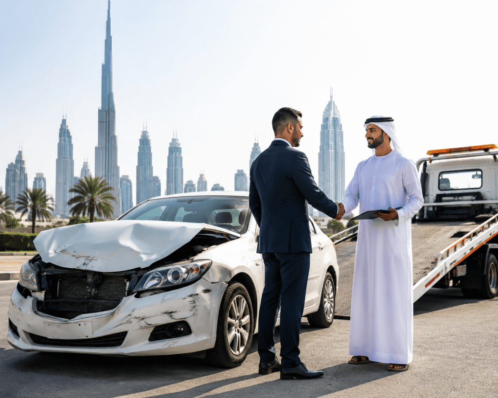Two men shake hands in front of a damaged car with Dubai's skyline, including the Burj Khalifa, in the background, conveying resolution and professionalism.