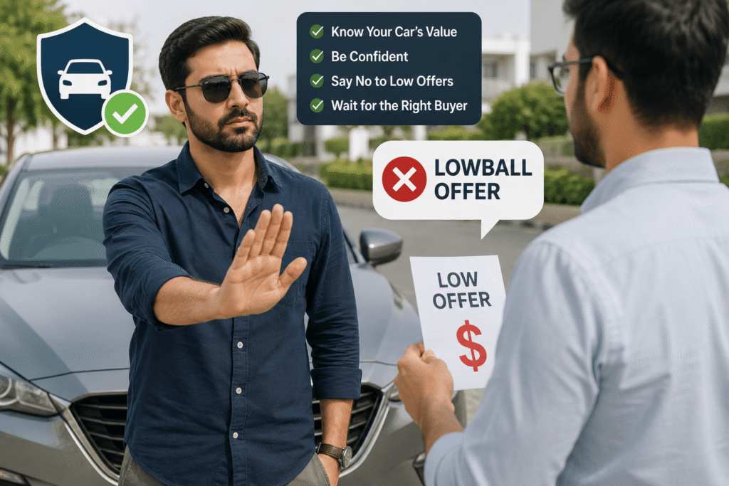 Car owner confidently declining a low price offer from a potential buyer during a private car sale while standing beside the vehicle in a parking area.