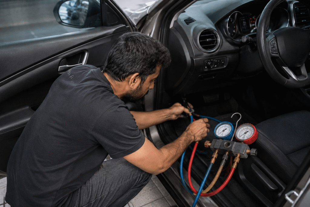 Automotive technician servicing a car's air conditioning system inside a modern vehicle using professional AC diagnostic gauges in a repair workshop.