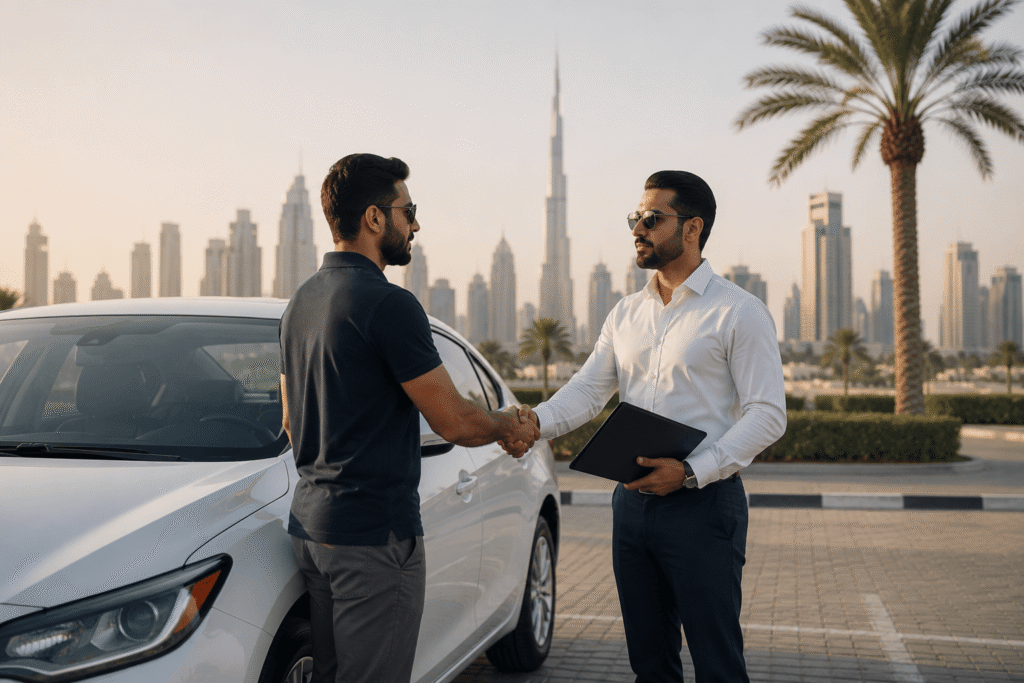 Two people meeting beside a car in a public area in Dubai, shaking hands during a safe private car sale with the city skyline in the background.