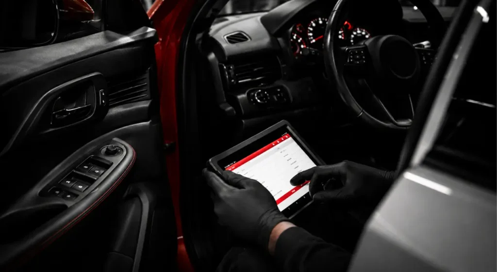Gloved technician uses a tablet to diagnose a car inside its dark, modern interior, with illuminated dashboard controls and an open door.