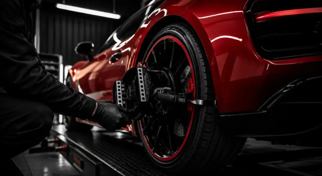 Mechanic in black gloves services the exposed wheel and brake assembly of a glossy red sports car in a dim, dramatic auto shop.