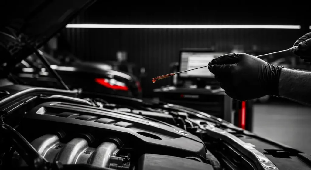 Gloved auto mechanic checks an open car engine with a dipstick in a dark garage, highlighted by red accents and bright overhead lights.