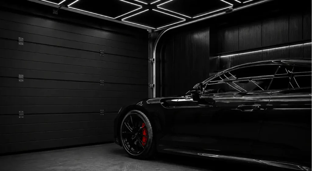 Sleek black sports car with red brake calipers parked in a dark modern garage, illuminated by geometric LED ceiling lights; dramatic, luxurious mood.