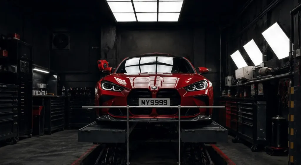Front view of a glossy red sports car on a workshop lift, surrounded by tools in a dark garage; stark lights create a dramatic, powerful mood.