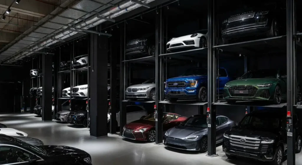 Dimly lit luxury car storage garage with vehicles stacked on multiple levels, creating a sleek, exclusive, industrial atmosphere.