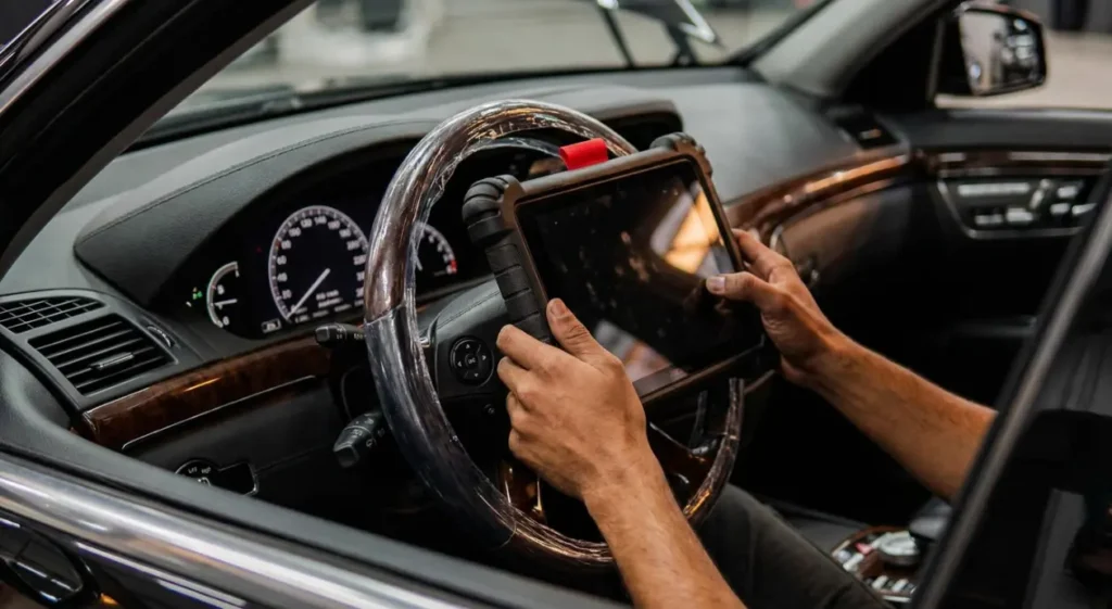 Driver’s hands hold a tablet over a wood-trimmed steering wheel inside a modern car, with the dashboard and gauges visible; focused, technical mood.