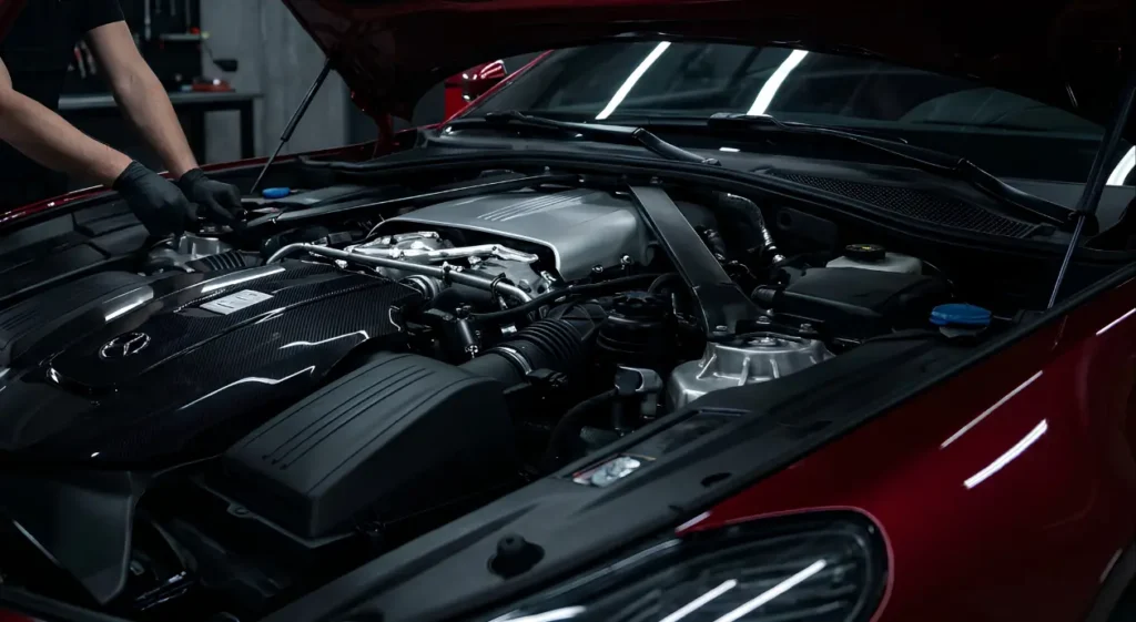 Mechanic in black gloves inspects the exposed engine of a glossy red sports car in a dimly lit garage, creating a focused, technical mood.