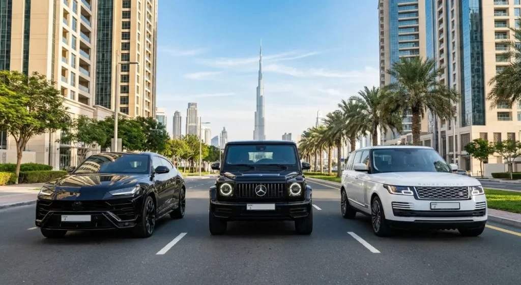 Three luxury SUVs—a black crossover, boxy black off-roader, and white SUV—line a palm-lined city street, with the Burj Khalifa rising behind modern towers.