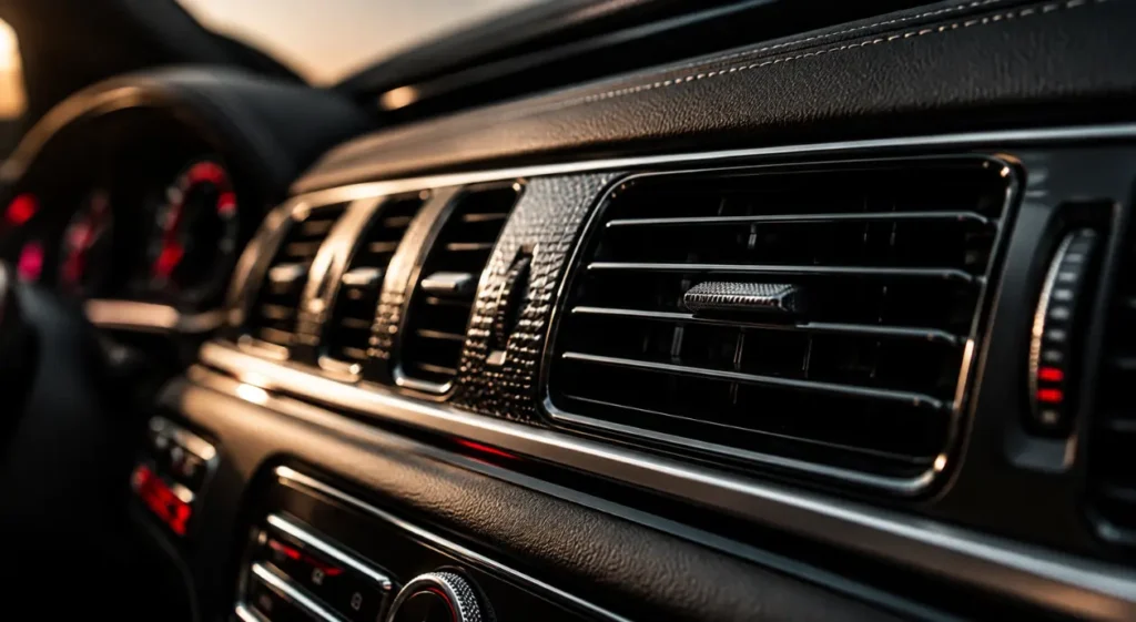 Close-up of a luxury car dashboard, with glossy black air vents, metallic trim, and softly glowing controls; warm lighting gives the interior a sleek, refined feel.