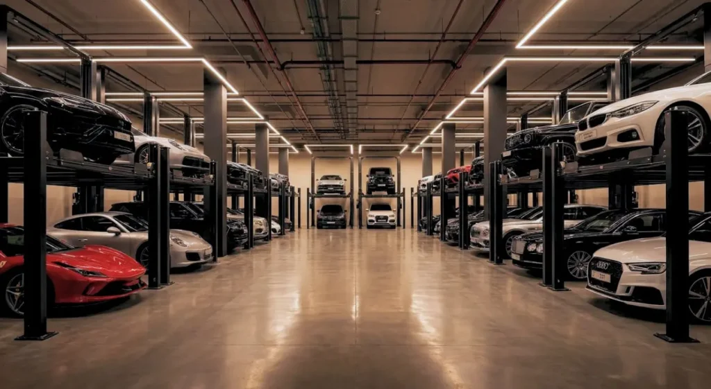 A sleek luxury car showroom or storage garage with rows of sports cars on two-tier lifts, illuminated by warm geometric ceiling lights; the scene feels grand and orderly.