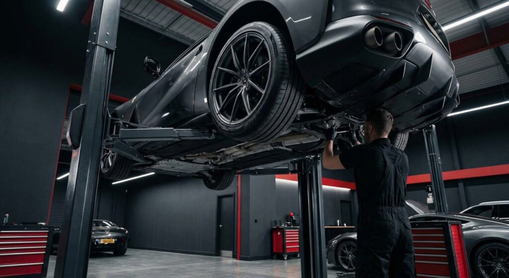 A mechanic in a dark auto repair shop inspects a sleek black sports car raised on a hydraulic lift, creating a dramatic, industrial mood.